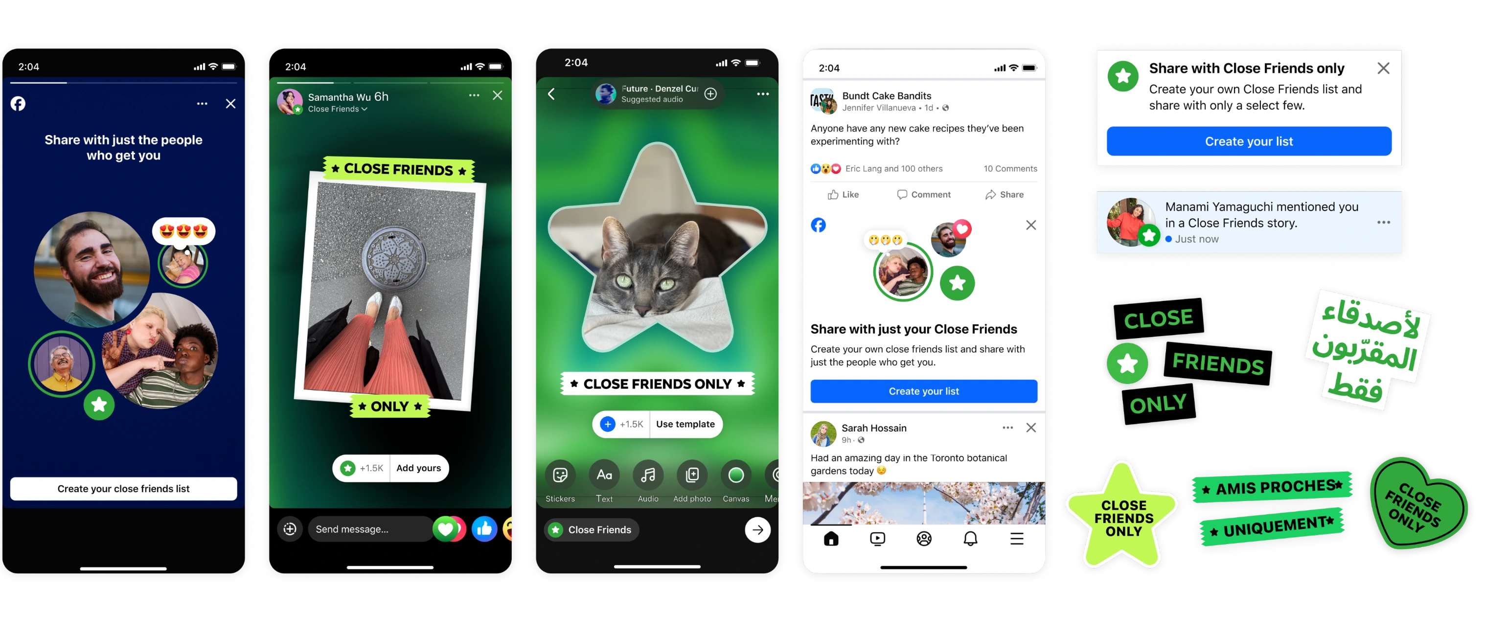 Close Friends brand system: onboarding screen, Stories cards, in-feed prompt, sharing template, custom reactions and stickers in multiple languages