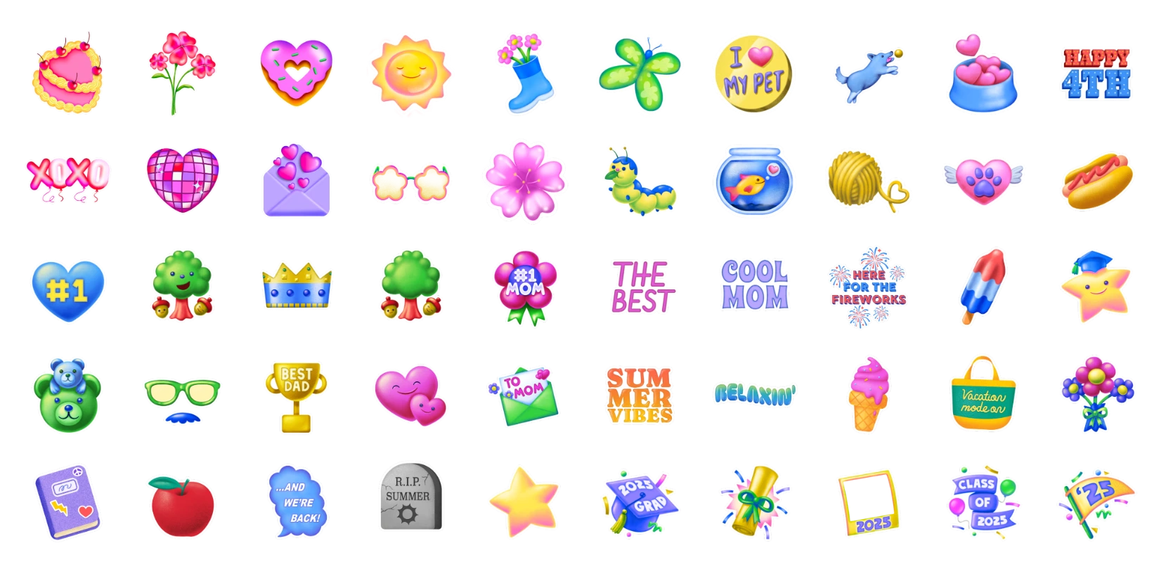 Fifty-one cultural moment stickers, illustrated and type-based