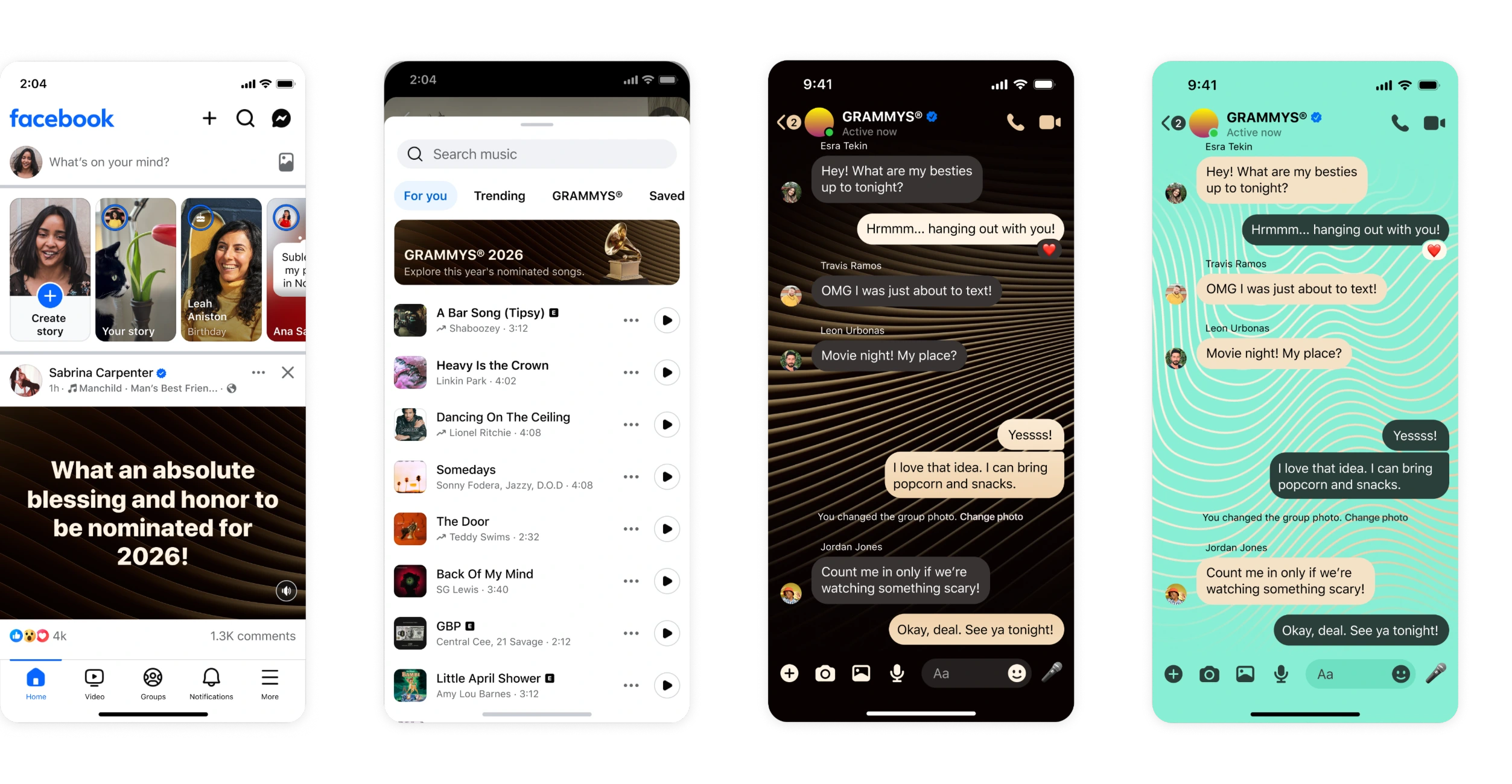 GRAMMYs 2026 surfaces: music text post, banner upsell, and Messenger and Instagram chat themes in dark and light mode