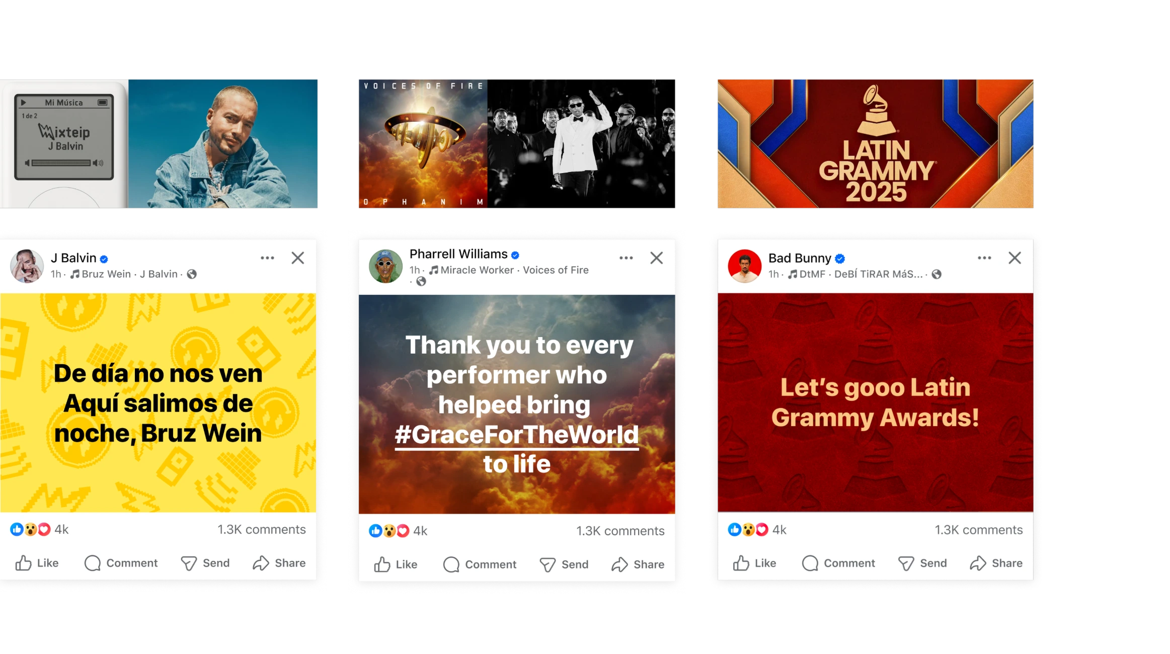 Three artist activations: J Balvin Mixteip release, Pharrell Voices of Fire, and Latin Grammy 2025, each with its banner and shareable Feed text post